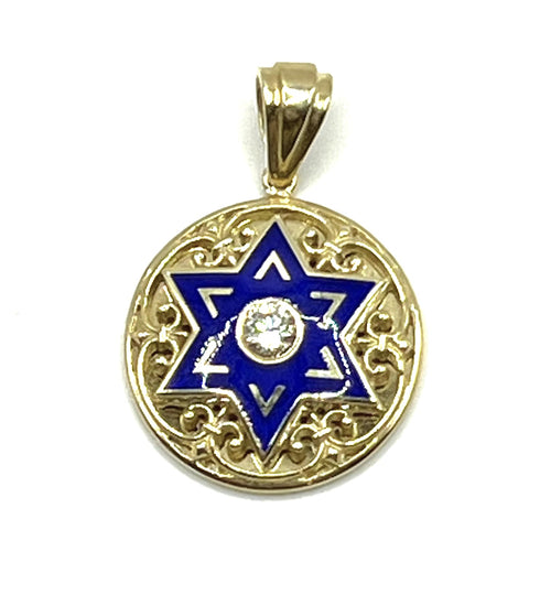 14K Gold & Diamond With Blue Enamel Star of David Necklace